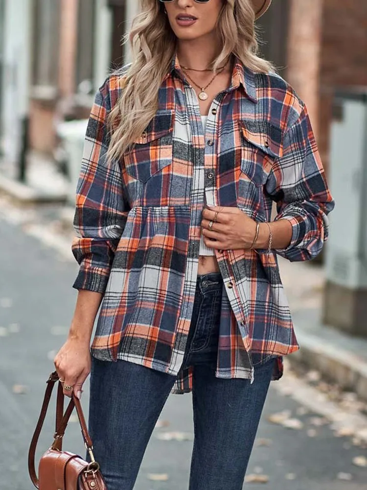 

2023 Autumn Plaid Shirt Women Long Sleeve Checkered Shirts Female Loose Long Shirt Blouses Ladies XXL