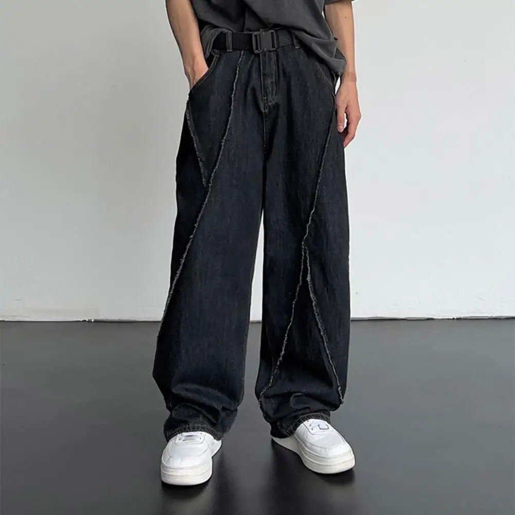 

Men Casual Trousers Men's Wide Leg Streetwear Pants with Deep Crotch Pockets Loose Fit Unisex Trousers for Hip Hop Style Button