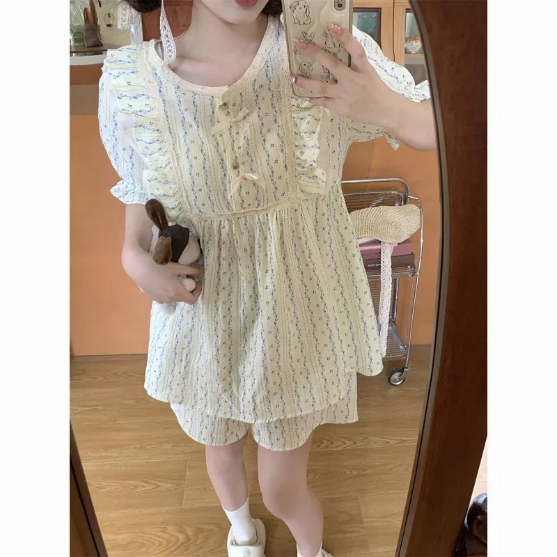 가정용 프릴 잠옷 세트, 여름 프린트 잠옷, 반바지 소매 활, 단추 밤 착용, 한국 홈 세트, 2024, 2 피스