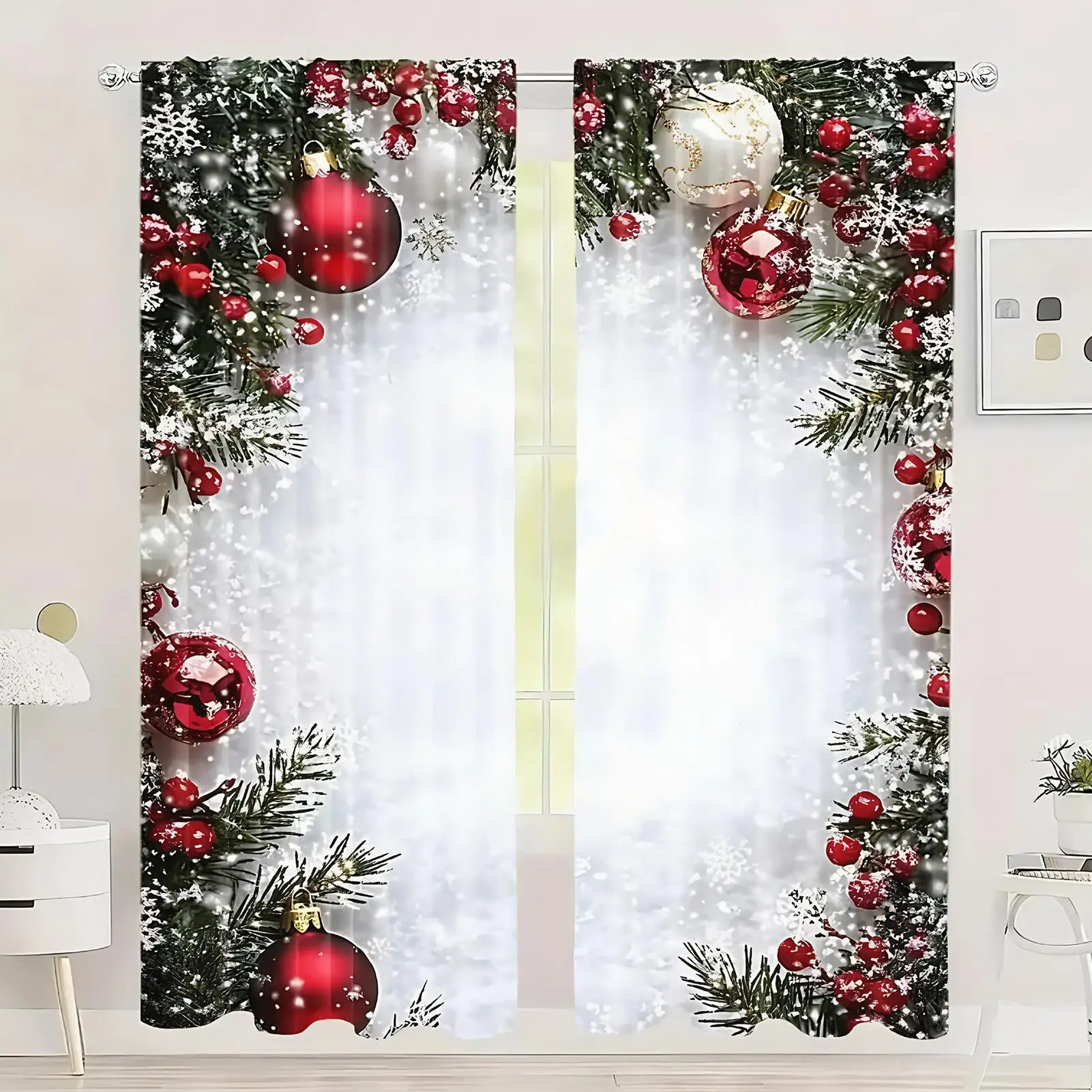 Christmas Drapes For Living Room 2 Pieces Christmas Ball Print Window Cover 2D Flat Printed Decorative Drapes With Snowflake And