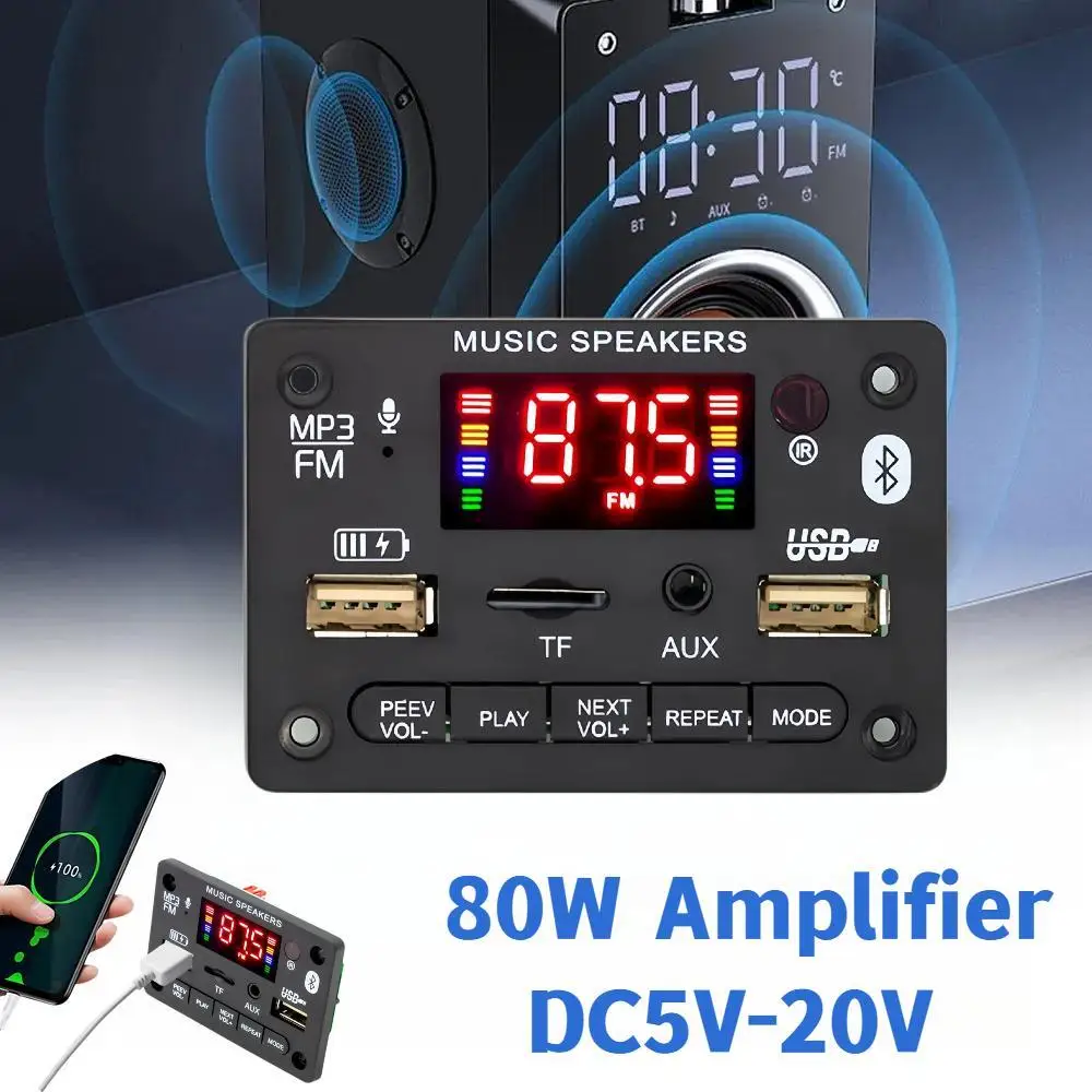 80W Amplifier MP3 WMA WAV Decoder Board USB Charging Bluetooth 5.0 Wireless Music Player 5V-20V Car FM Radio AUX Call Recording