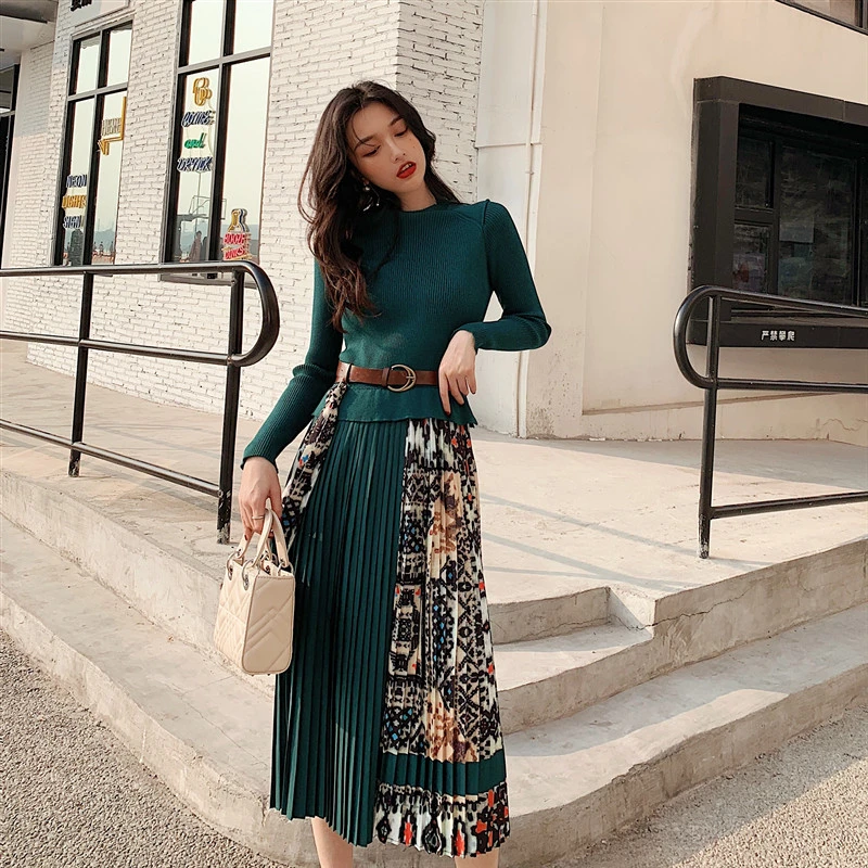 Vestido largo plisado Vintage para mujer, Vestido de punto de cintura alta, otoño y primavera, con faja de retazos, estilo Retro|Vestidos| AliExpress