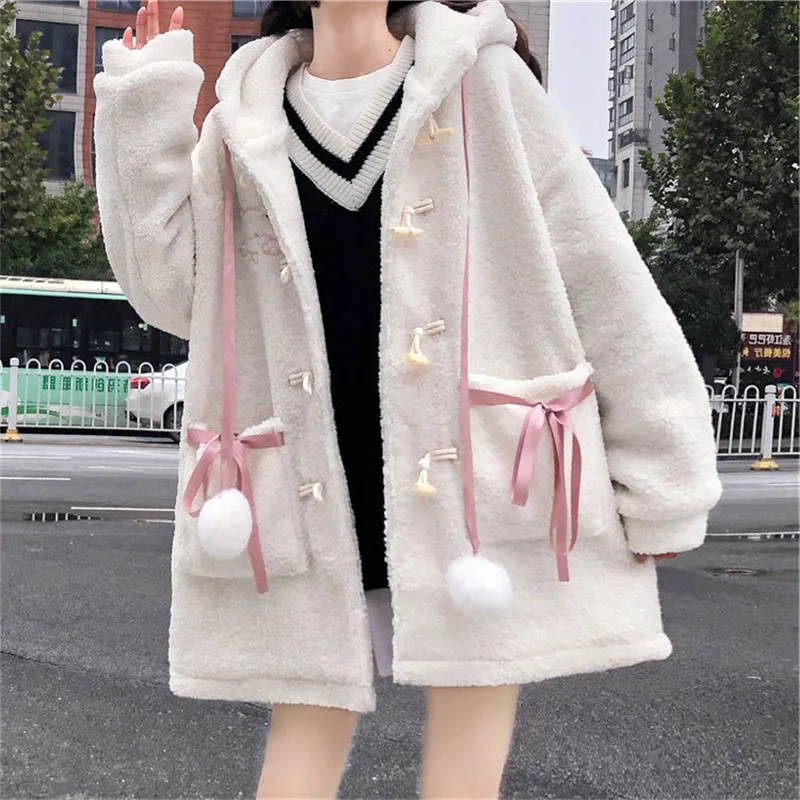 Japanese Academy Style Cute Little Bear Lamb Wool Top 2023 Autumn Winter Women New Plush Thickened Loose Gentle Coat Hoodies Y2k