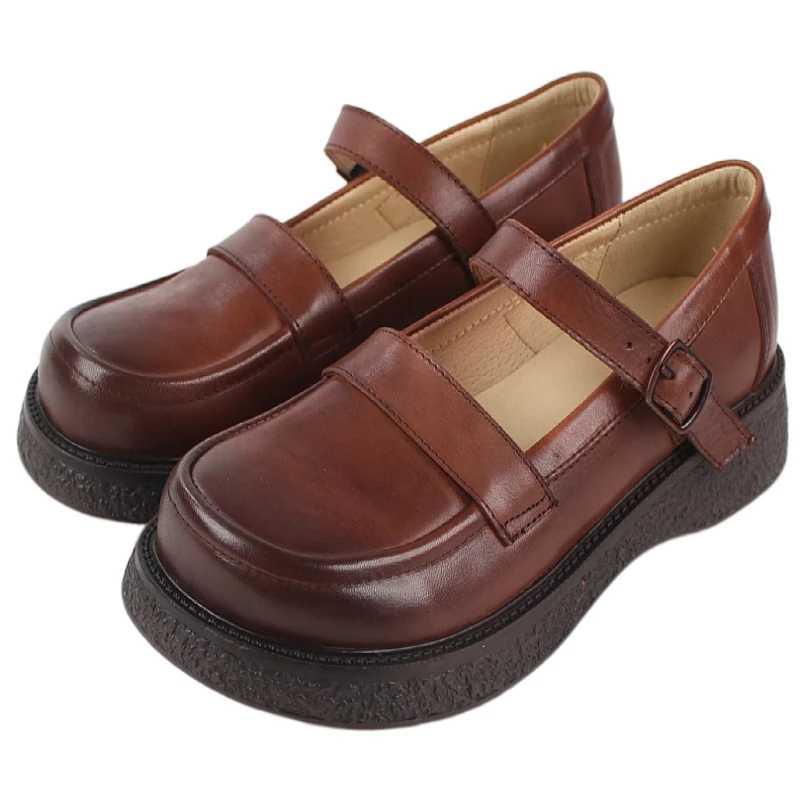 

2023 new spring autumn Women pumps natural leather 22.5-25.5cm Vintage cowhide+pigskin buckle brush color women Mary Jane shoes