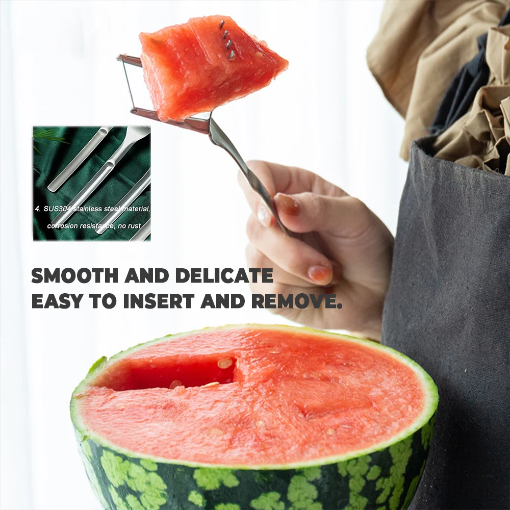 2 In 1 Watermelon Slicer Cutter Stainless Steel Fruit Forks Portable Tableware