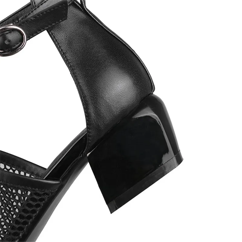 PXELENA Elegant Retro Sandals Womens Cut Out Mesh Leather Block Chunky Square Heel Gladiator Rome Ankle Strap Sandals Shoes