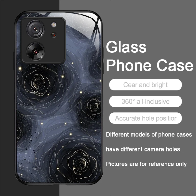 Luxury Black Rose Flower Tempered Glass Phone Case - Elegant Hard Cover