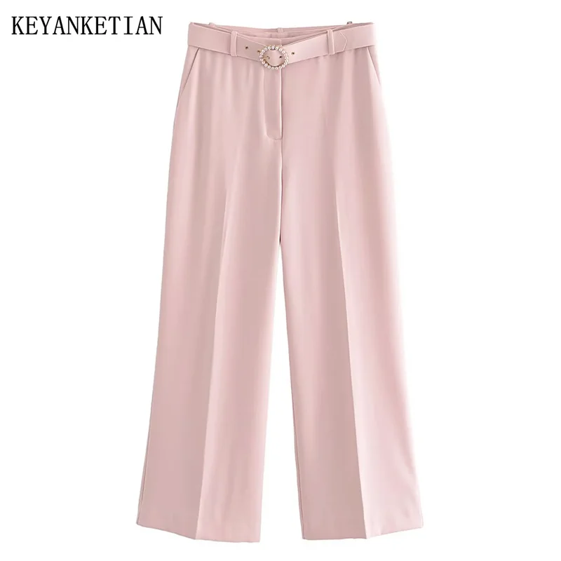 

KEYANKETIAN Autumn New Artificial Pearl Belt Decorative Wide Leg Pants Ladies Sweet Wind Zipper High Waist Loose Casual Pants