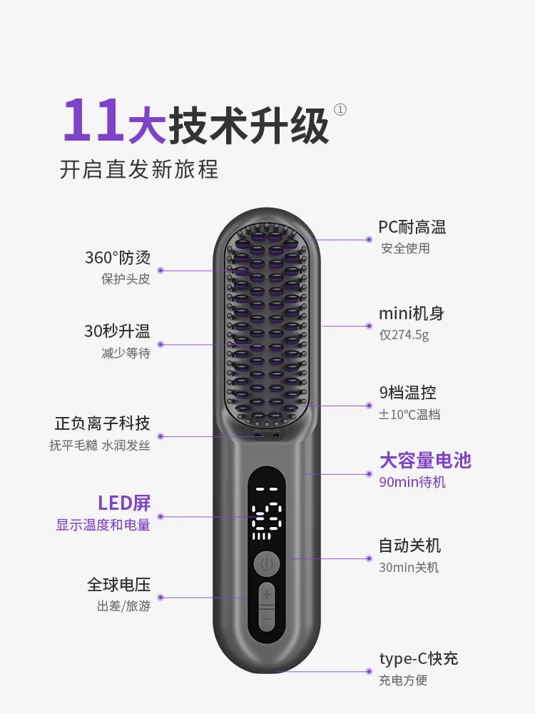 Recharge Electric hot air brush Portable Straight hair straightener iron Smart constant temperature Wireless Ionic hair brush