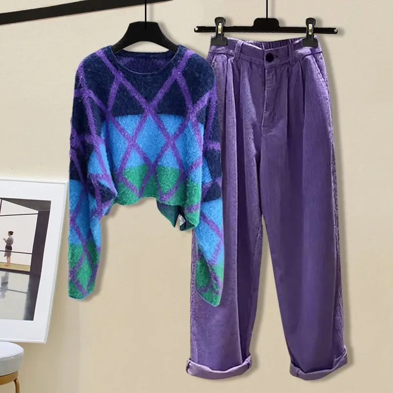 Large Women's Autumn Set 2023 New Fashion Retro Contrast Color Long Sleeved Sweater Casual Pants Two Piece Set Trendy