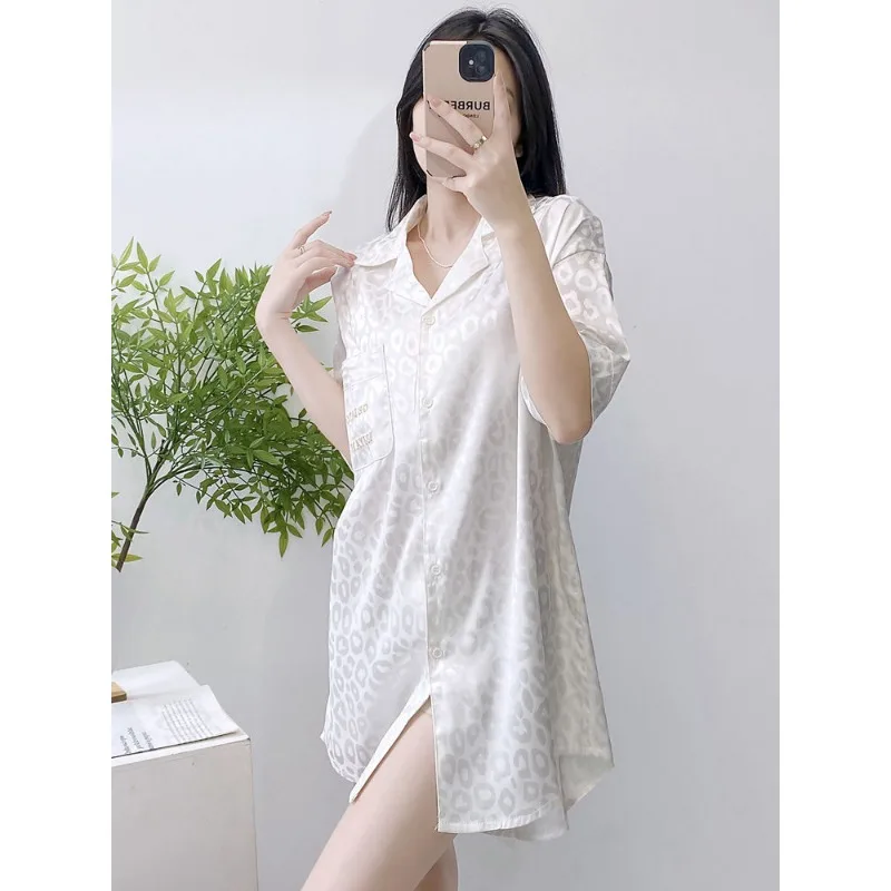Ice silk nightdress Women's summer Short sleeve thin Leopard print Sense of advanced Sexy silk blouse nightdress Home dress