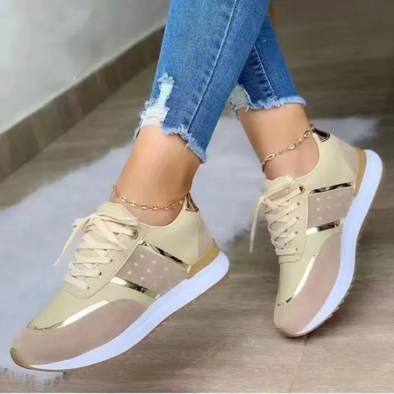 2024New Women Thick Sole Sport Shoe Leather Flats Lightweight Running Shoes Casual Sneakers Plus Size Lace Up Vulcanize Shoes 3