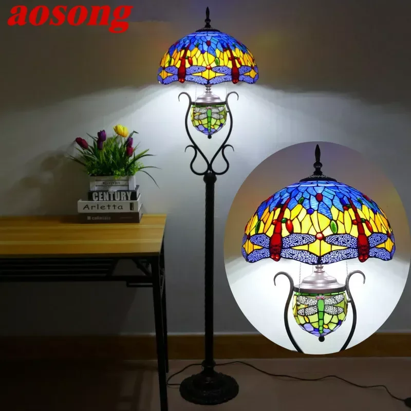 

AOSONG Tiffany Floor Lamp American Retro Living Room Bedroom Lamp Country Stained Glass Floor Lamp