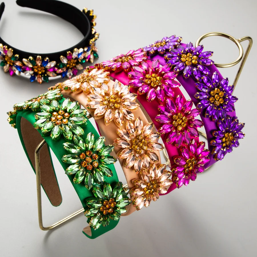 European and American Fashion Design Rhinestone Headband Sunflower Diamond Wide Brim Baroque Hair Accessories Wholesale luxury rhinestone bling women shoulder bags small high quality diamond tote handbag luxury design half moon purse crossbody bag