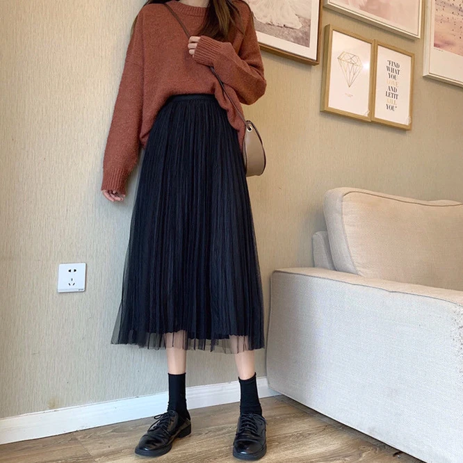 2021 Autumn Winter Woman Pleated Skirt New Mesh Double Side A-line Skirt Mid Length Skirt Versatile High Waist Slim Girl Black nike tennis skirt