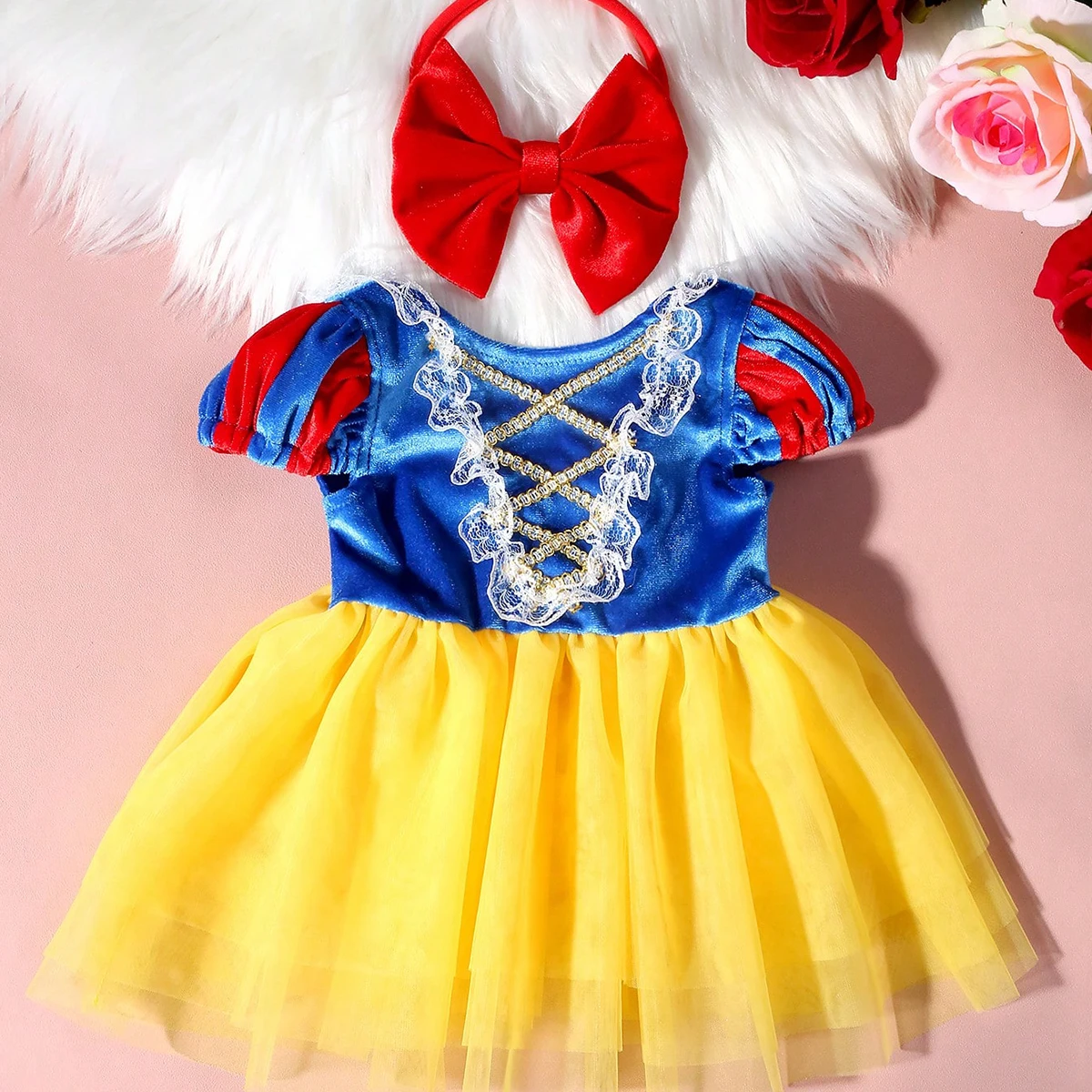 Neugeborenes Tüll-Prinzessinnenkleid mit Schleife und Stirnband, Neugeborenes Mädchen, Fotoshooting-Outfits, 1 Monat, 100-Tage-Baby-Foto-Requisiten – Detail 4