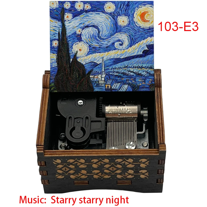Starry Starry Night Wooden Music Box Clockwork Automatic Stainless Steel Movement Holiday Gifts Home Decoration Ornaments 2