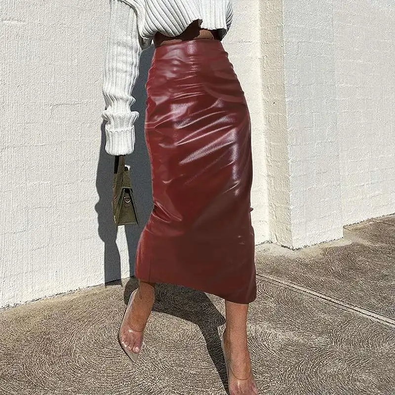 Women PU Leather High Waist Midi Skirts Fashion  Long