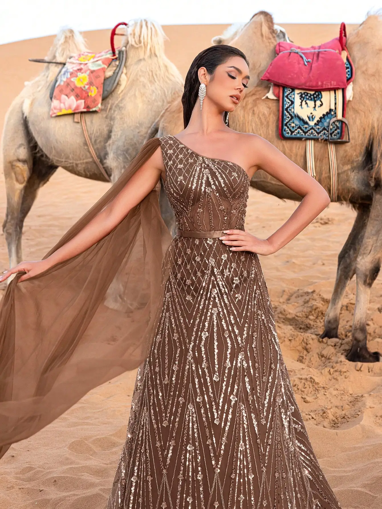 فساتين رسمية رائعة بكتف واحد وأكمام كيب مطرزة بالت...