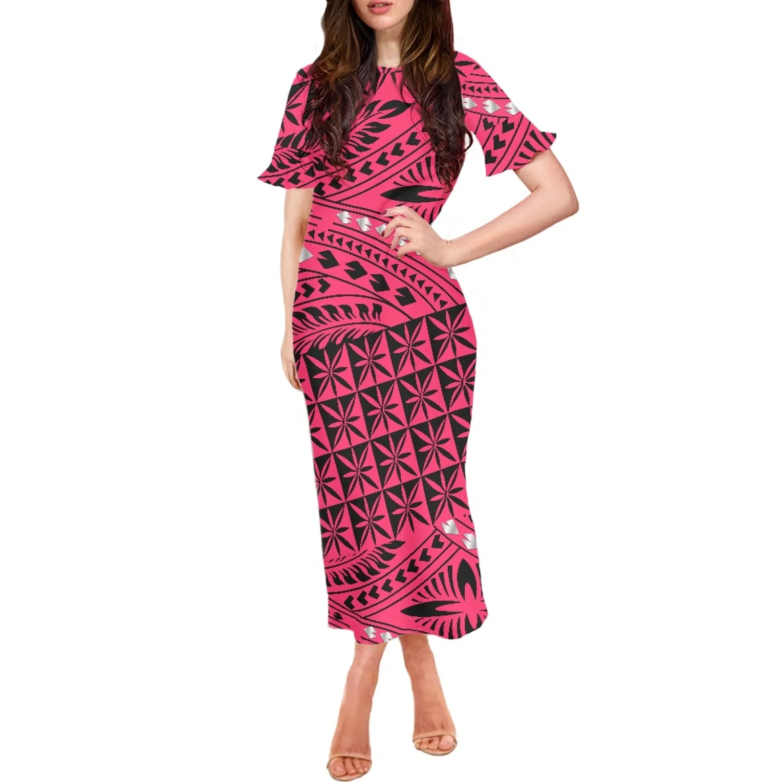 

Hawaii Summer Traditional Tribe New Style Women's Tattoo Print Dress Short Sleeve Casual Waist Boho Vintage Beach Clothes