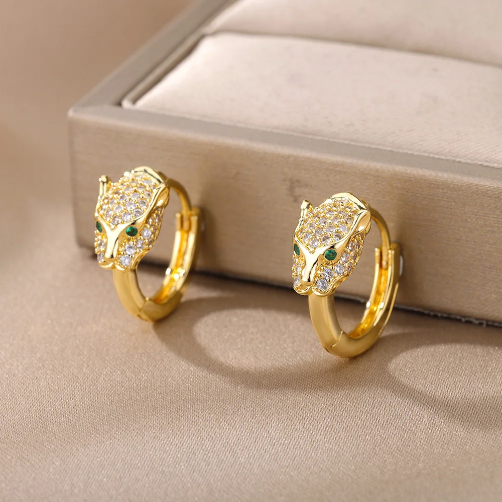 Punk CZ Stone Crystal Panther Hoop Earrings For Women