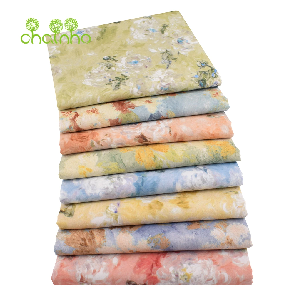 Chainho,Printed Plain Weave Poplin Cotton Fabric,DIY Quilting Sewing Material,Patchwork Cloth,Floral Series,2 Sizes,15PC217