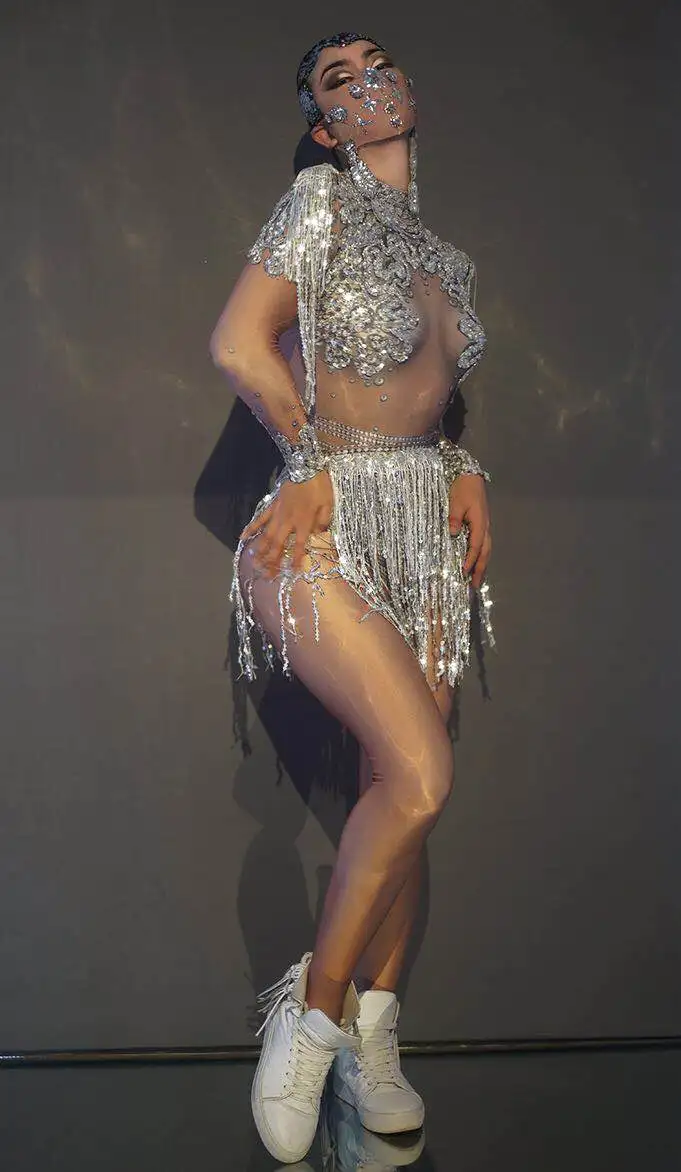 Fashion Sparkly Rhinestones Chains Fringes Outfit Shining Big Crystals Mesh Sexy Bodysuit Nightclub Party Wear Dancer Costumes