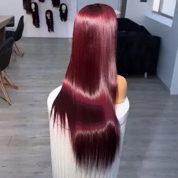 Straight Red 99J Burgundy Color Synthetic 13X4X1 HD Lace Frontal Wig Prepucked Baby Hair Bleach Knots Glueless Wig Daily Party