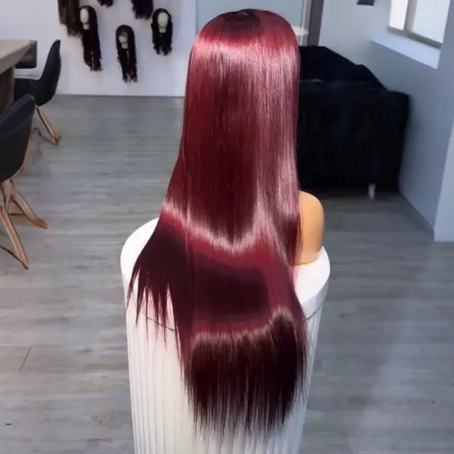 Straight Red 99J Burgundy Color Synthetic 13X4X1 HD Lace Frontal Wig Prepucked Baby Hair Bleach Knots Glueless Wig Daily Party 1