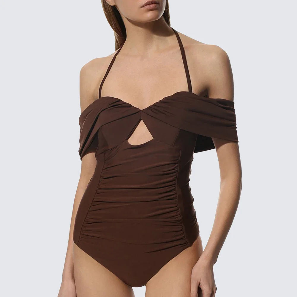 

Однотонный слитный купальник с вырезом на плечах, облегающий плиссированный женский элегантный пляжный костюм с лямкой на шее и открытой спиной в винтажном стиле 2024