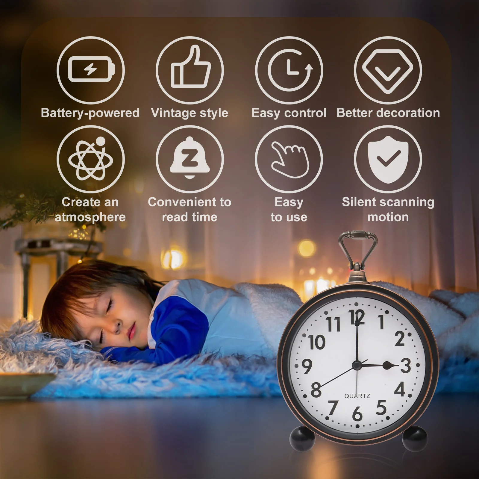 Vintage Alarm Clock Battery Operated Metal Alarm Clocks No Ticking Silent Desktop Retro Clock for Home Bookshelf and Nightstand