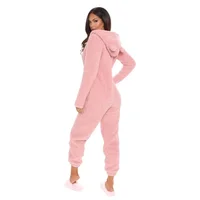 Womens Winter Warm Onesie Pajamas Fuzzy Fleece Zipper Up Bear Ear Hooded Romper Jumpsuits Sleepwear Loungewear 4