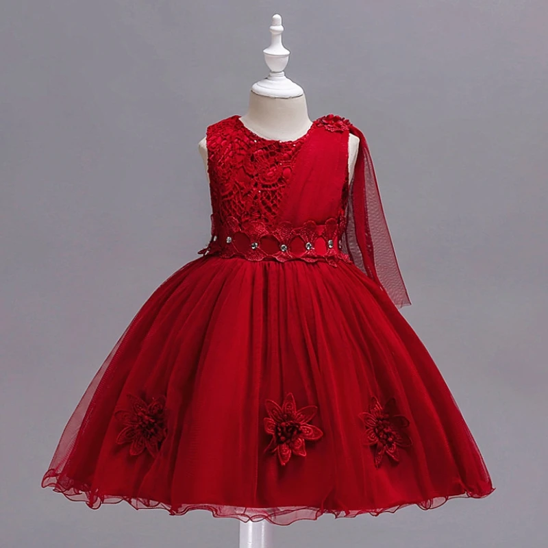 

Flower Girls Red Lace Dresses Female Child Clothes Baby Girl Elegant Princess for Weddings Party Gala Kids 2 to 6 8 Years Dress