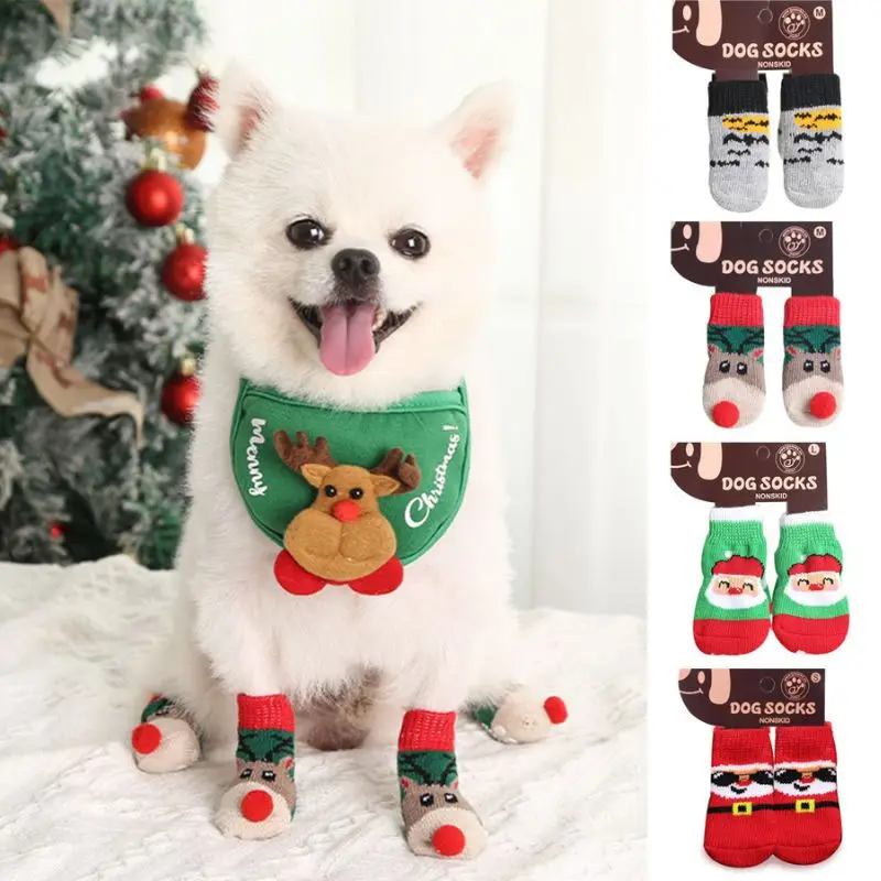 4pcs Christmas Winter Dog Socks Pet Paw Protector