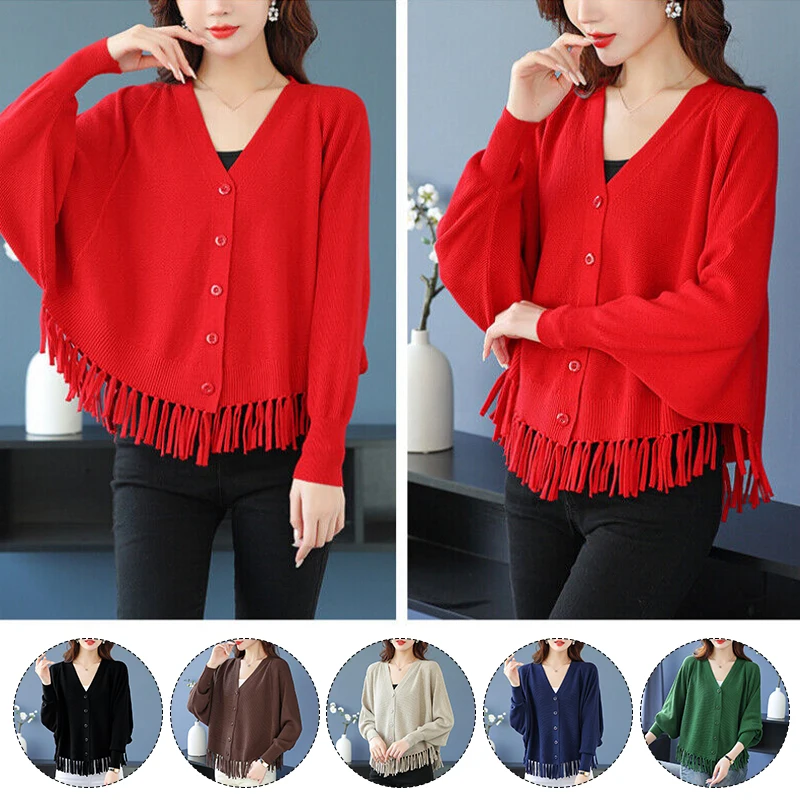 

Women Autumn Winter Korean Chic Tassel V-Neck Knitted Lady Clothes Long Sleeve Simple All-Match Loose Casual Thin Coat