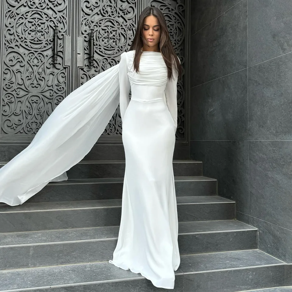 Dresses Elegant White Flowing Gown Mermaid Modest Prom Dress High Neck With Cape Floor-Length Satin Dresses Elegant White Flowing Gown Mermaid Modest Prom Dress High Neck With Cape Floor-Length Satin