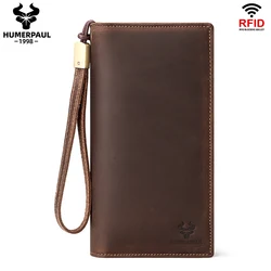 Men's Premium Cowhide Long Wallet - Large Capacity with Hand Strap, Multi - Card and Zipper Compartments - Mini(Max Length<20cm) (Coffee with bag)