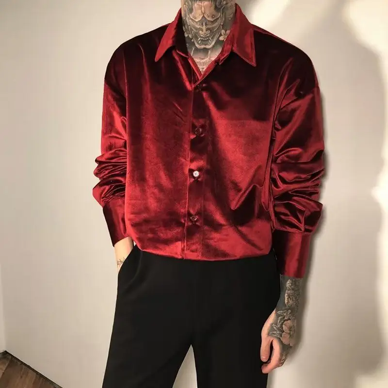 Streetwear Fashion Men Satin Wine Red Shirt Spring Summer Lapel Long Sleeve Clothing Vintage Casual Loose Chic Versatile Tops