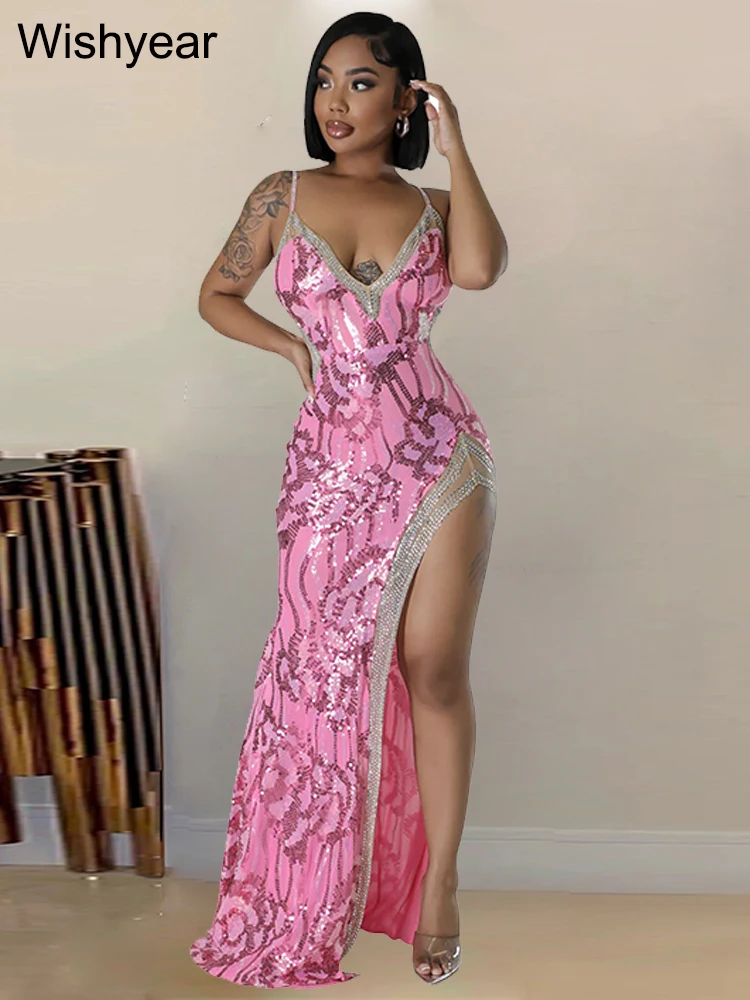 

New Sequin Glitter Rhinestone Birthdy Party Long Dress Women‘s Spaghetti Straps High Split Wedding Evening Prom Celebrity Luxury