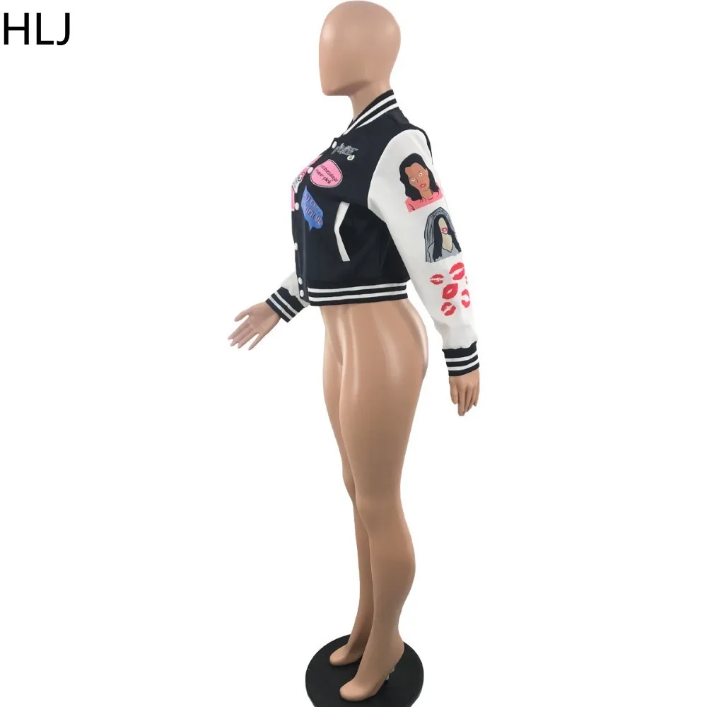 HLJ Fashion Letter Printing Baseball Jacket Women Round Neck Button Long Sleeve Coats Autumn Casual Patchwork Slim Tops Clothing