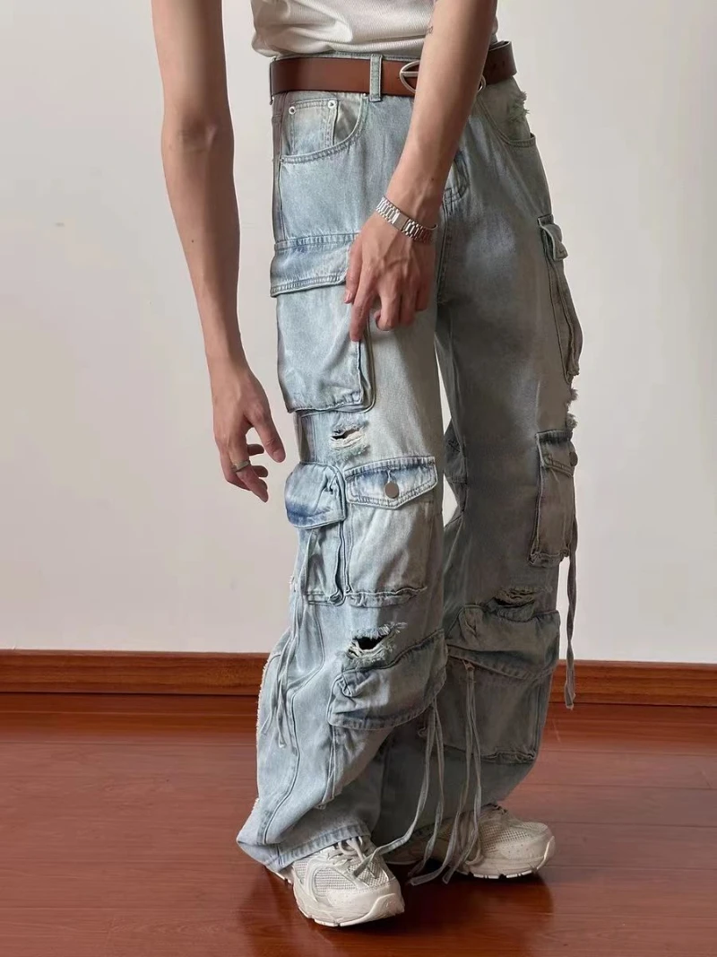 Y2K Distressed Big Pockets Cargo Jeans - Gray / M