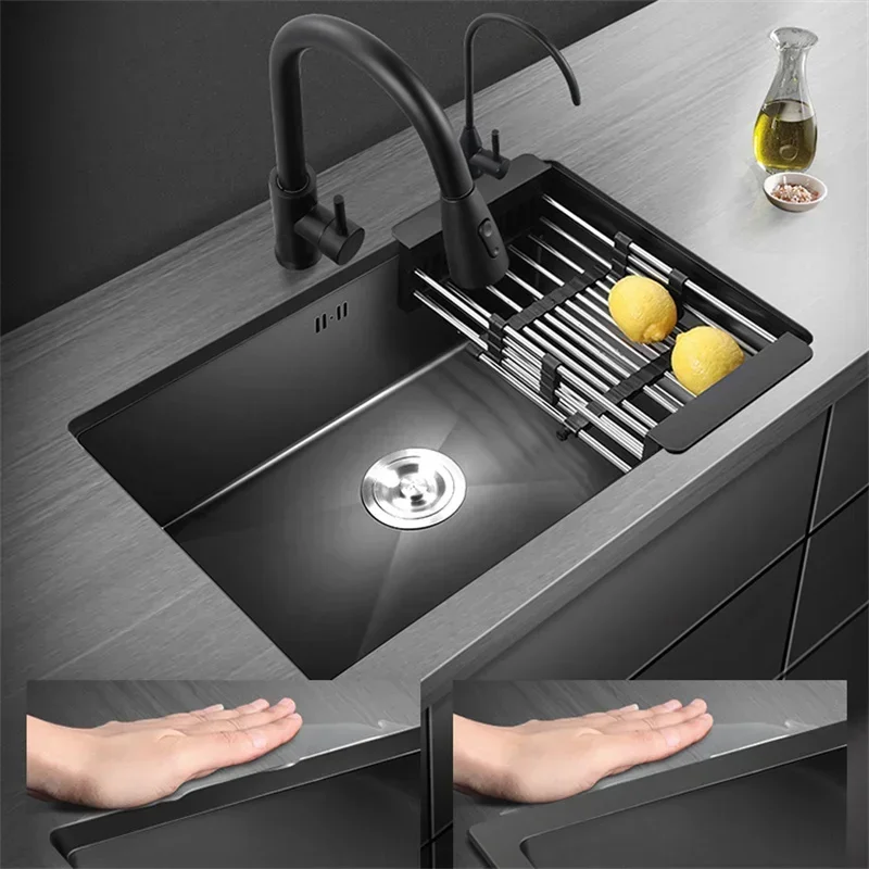Kitchen Sinks Single Slot Black Kitchen Nano Sink 304 Stainless Steel Sink Under Counter Basin Home s Accessories y