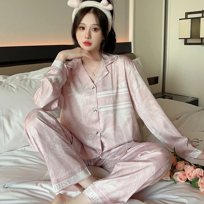 

Ice Silk Women Pajamg Set Print Fashion V-Neck Sexy Sleepwear Pyjama Satin Pijama