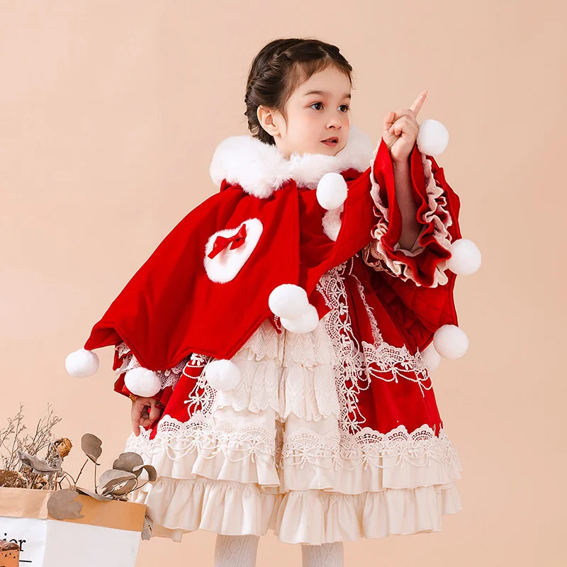 New Year's Wear Bright Red Coat Girl Lolita Plus Cashmere Clip Cotton Big Real Wool Collar Cape