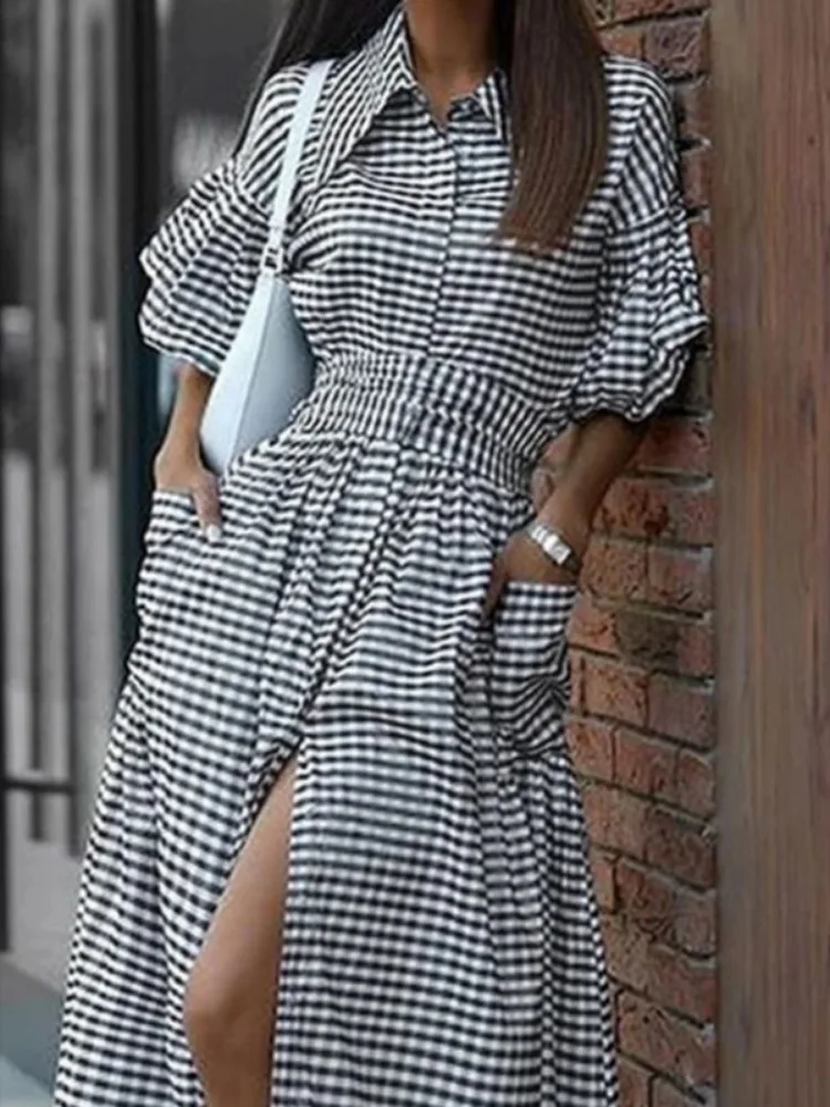 Yeezzi 2025 New Fashion Plaid Lapel Shirt Dress Women Ruffle Sleeves Buttoned Pockets Front-slit High Waist Elegant Maxi Dresses 2