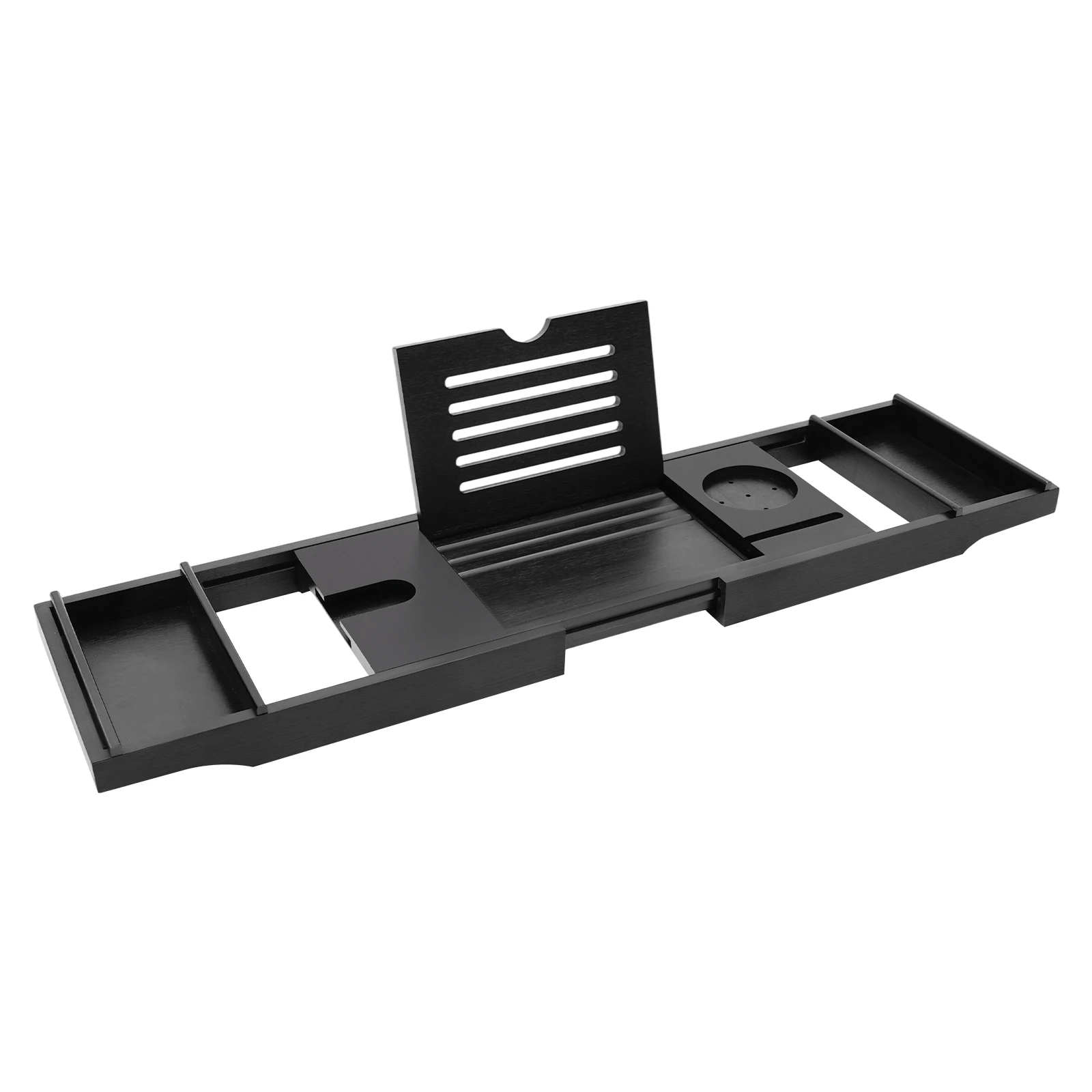 Black Bamboo Expandable Bathtub Tray Adjustable 29.52-43.7in with Wine Glass Slot Phone Tablet Holder 2 Towel Rack for Most Tubs