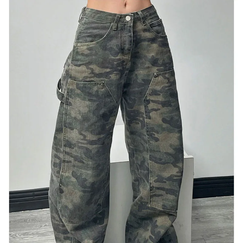 MEXZT Camouflage Cargo Pants Women Y2K Streetwear Low Rise Jeans Retro Wide Leg Trousers Denim Straight Trousers Harajuku