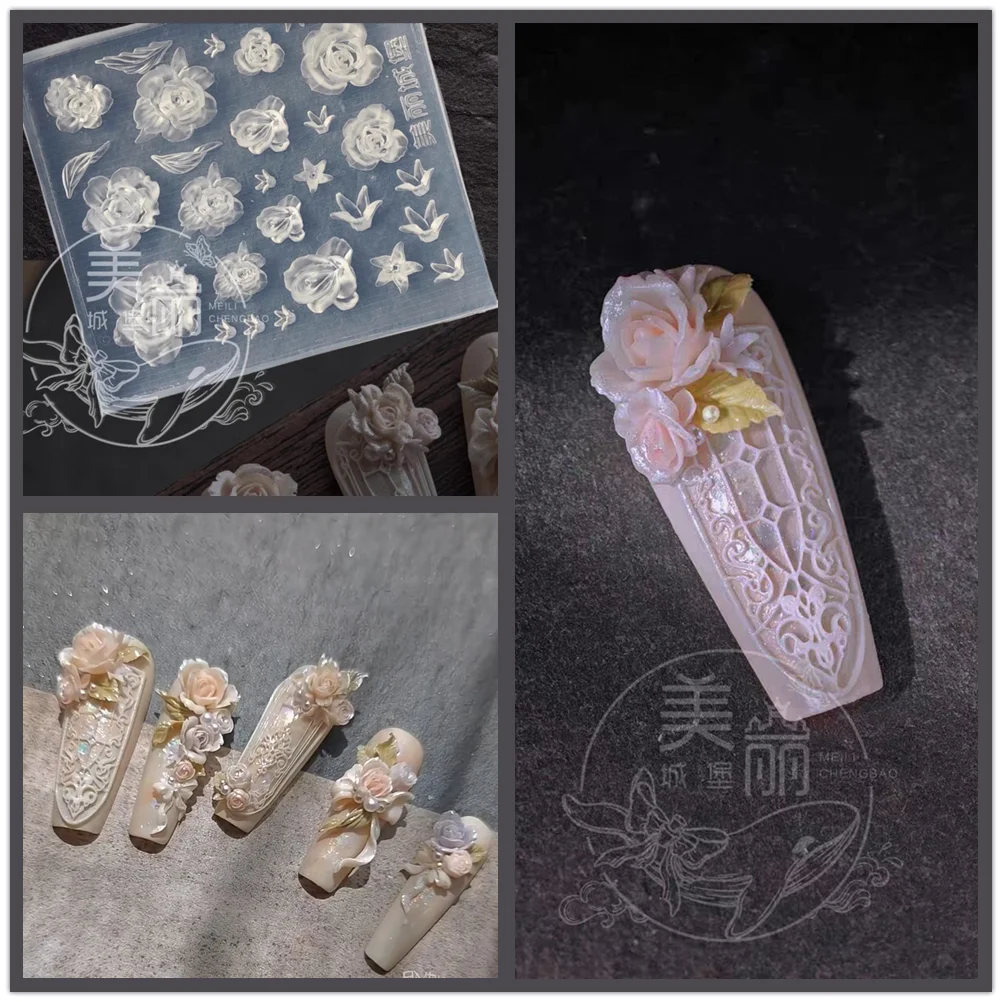 1pc 목련 꽃 뱀 장미 꽃 3D 아크릴 네일 몰드 네일 아트 장식 실리콘 스탬핑 플레이트 네일 액세서리
