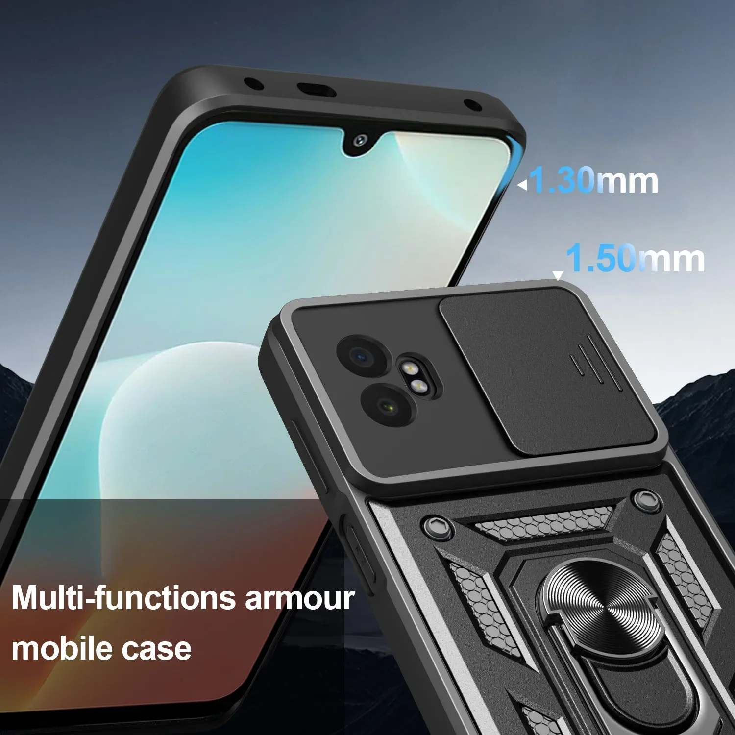 Enhanced Armor Kickstand Case with Lens Protection and Magnetic Ring Holder