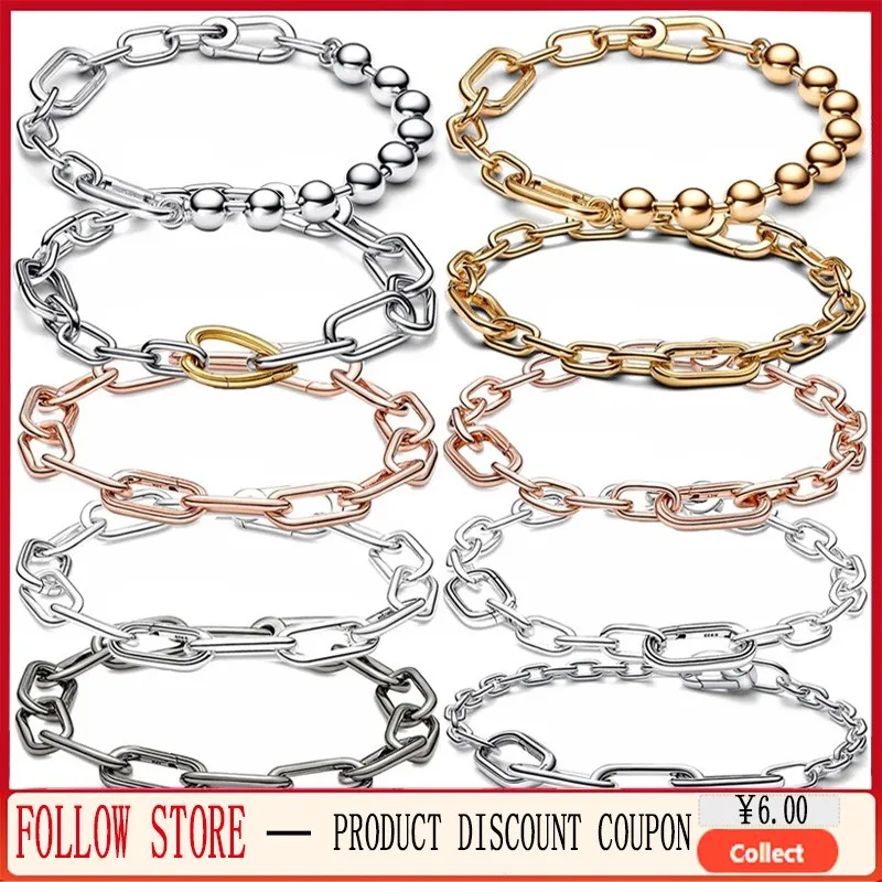 New 925 Sterling Silver ME Series Chain Bracelet and Two tone Heart shaped Bead Chain Bracelet DIY Jewelry Women's Boutique Gift
